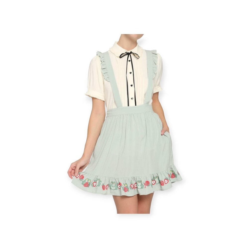 Hot Topic Ruffle Suspender Skirt Frogs & Strawberries Teal Cottagecore Kawaii M